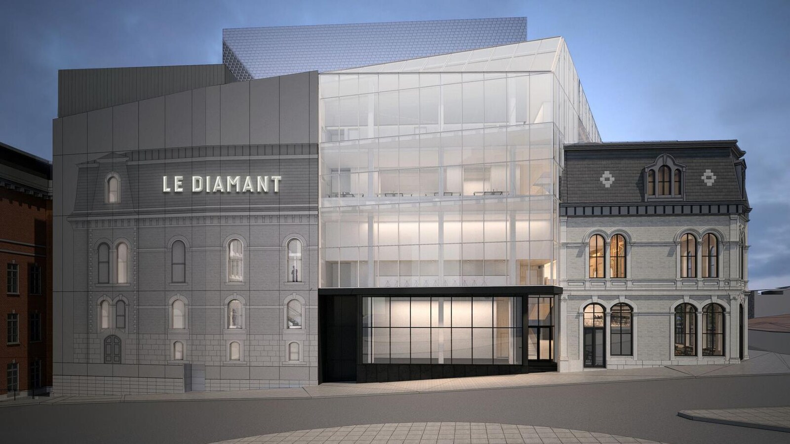 Façade de verre située sur la rue des Glacis