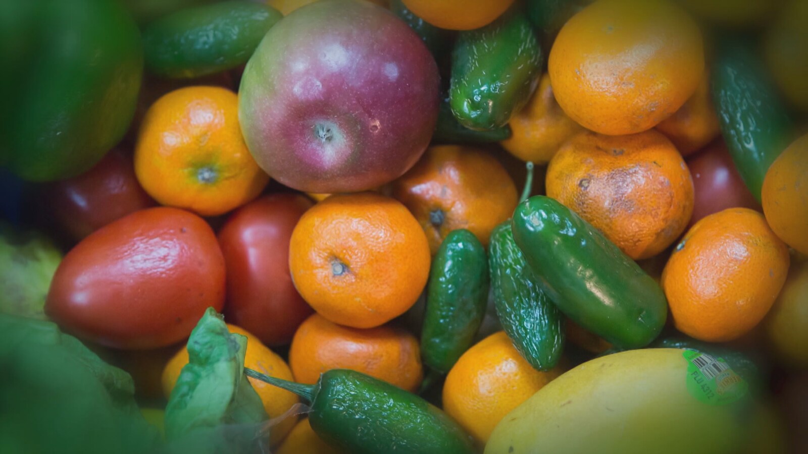 Un assortiment de fruits et légumes, parmi lesquels des pommes, des agrumes, des tomates et des piments.