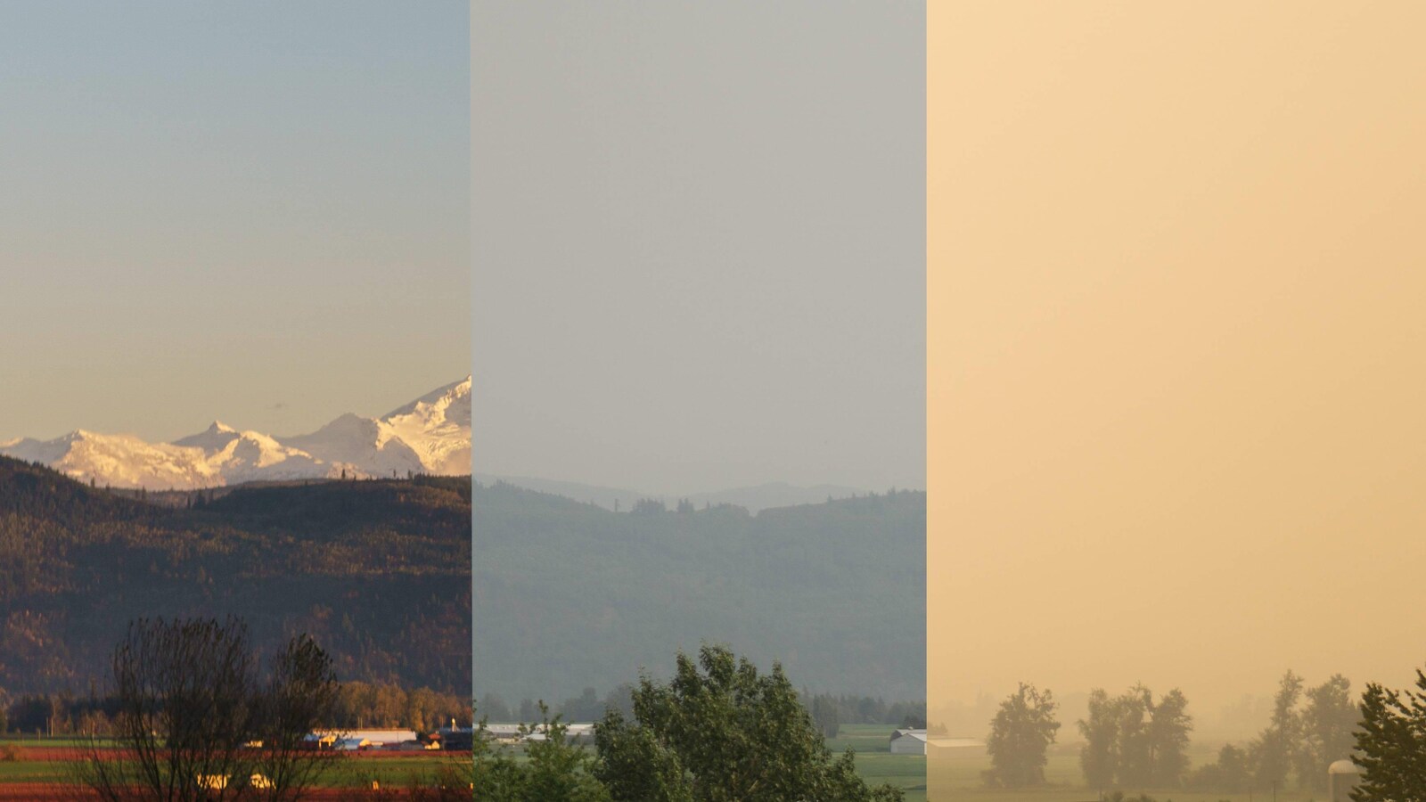 Une photo où on voit une chaîne de montagne à l'horizon et une autre où la fumée empêche de les voir.