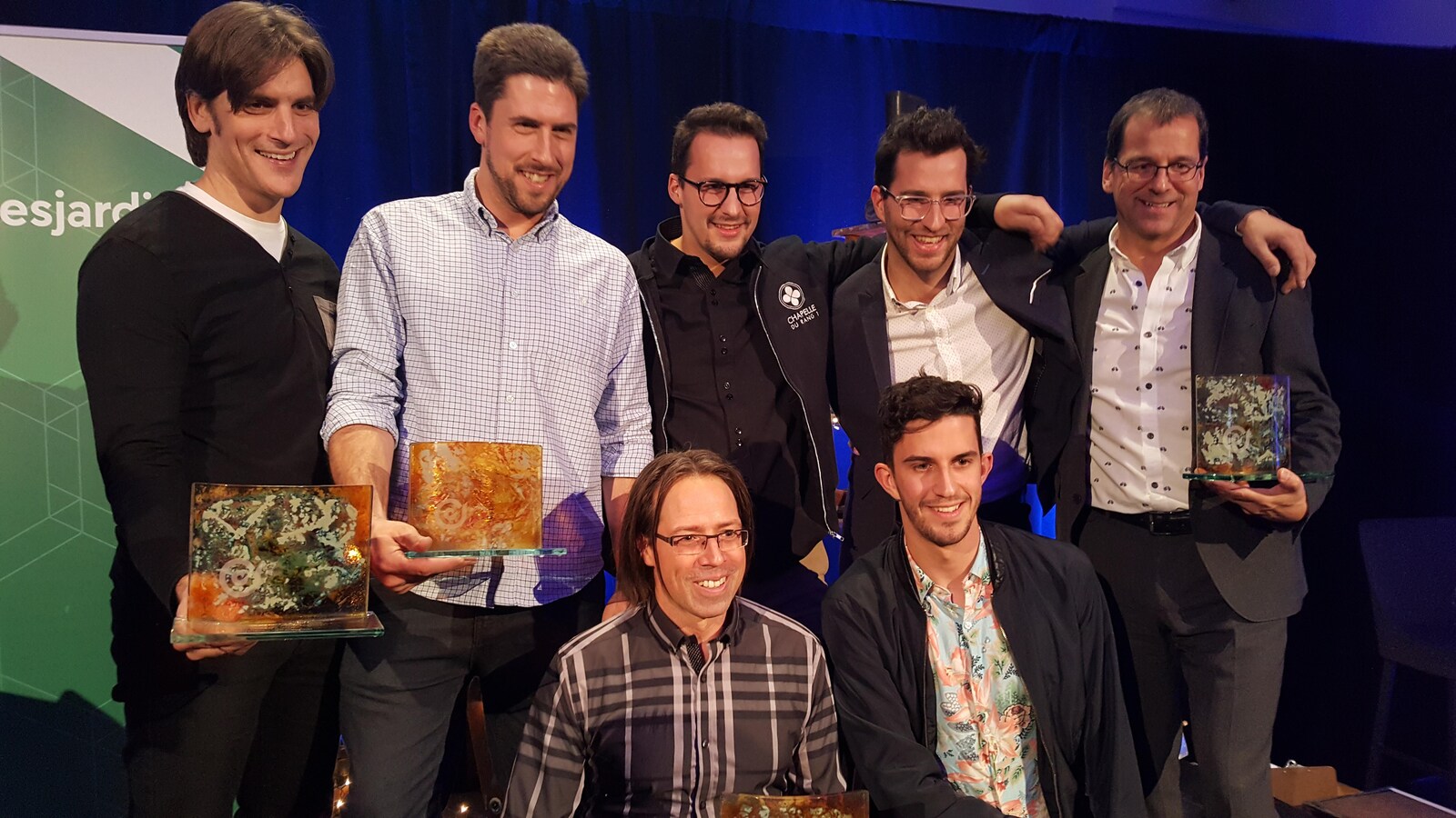 Les gagnants des prix du Conseil de la culture de l'Estrie 2018: Jean-François Létourneau, David Goudreault, Jérôme Lavallée, Félix Lavallée, Stéphane Lavallée, Ian Fournier et Hubert Lavallée.