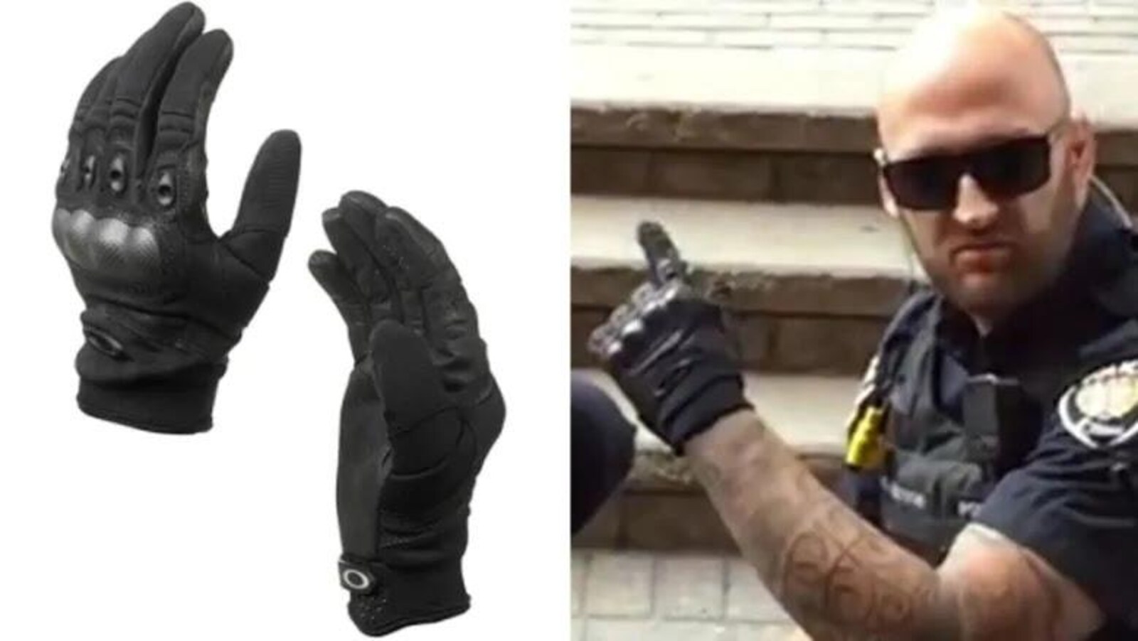 À gauche, des gants noirs renforcés aux jointures et à droite, un policier en train de les porter
