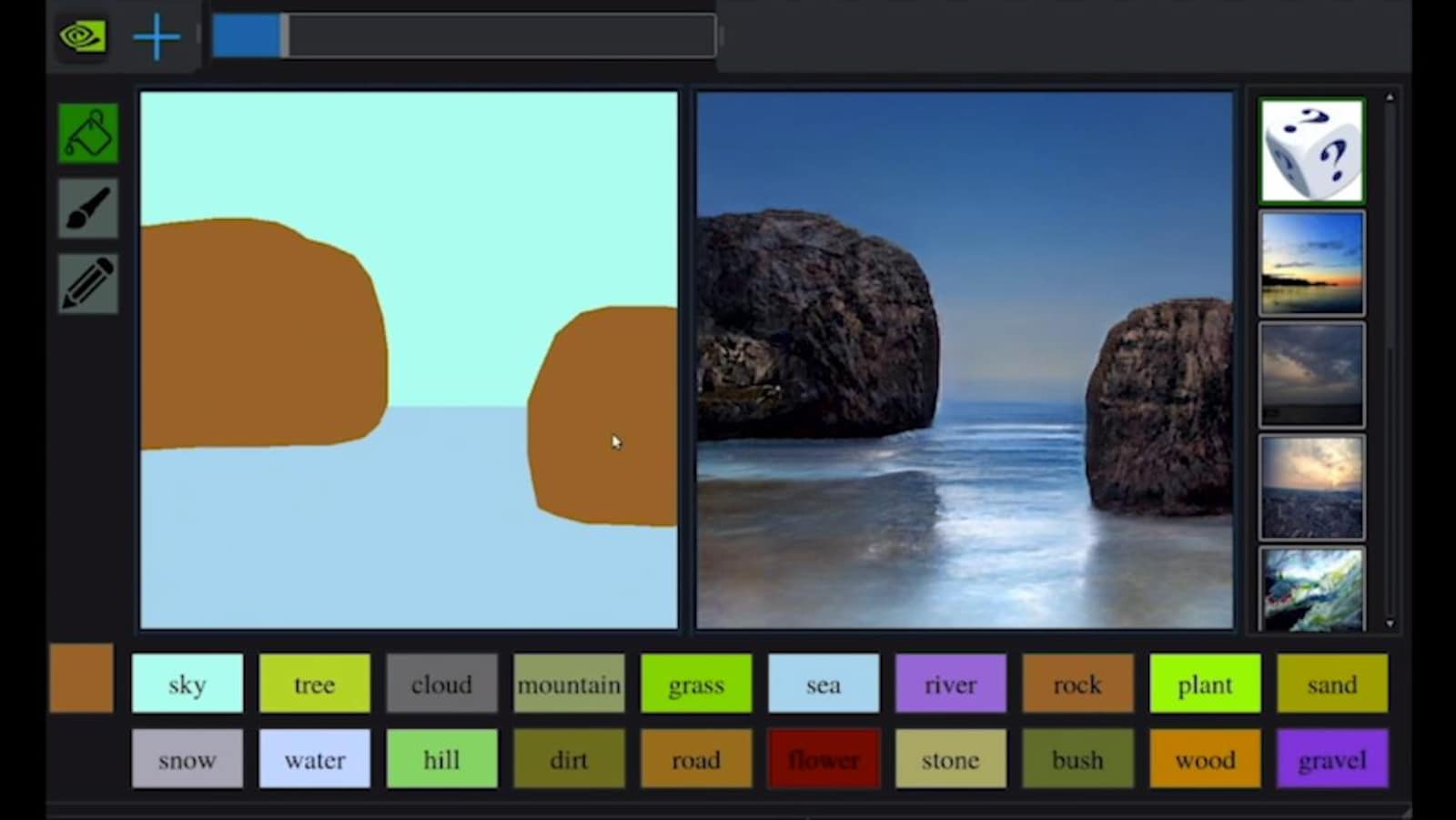 Une capture d'écran du logiciel conçu par Nvidia dans lequel un croquis simpliste est affiché à gauche et un décor réaliste de deux rochers dans la mer est affiché à droite.