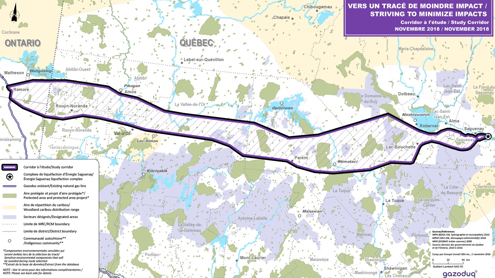 Une carte du Québec avec un tracé pour un futur oléoduc.