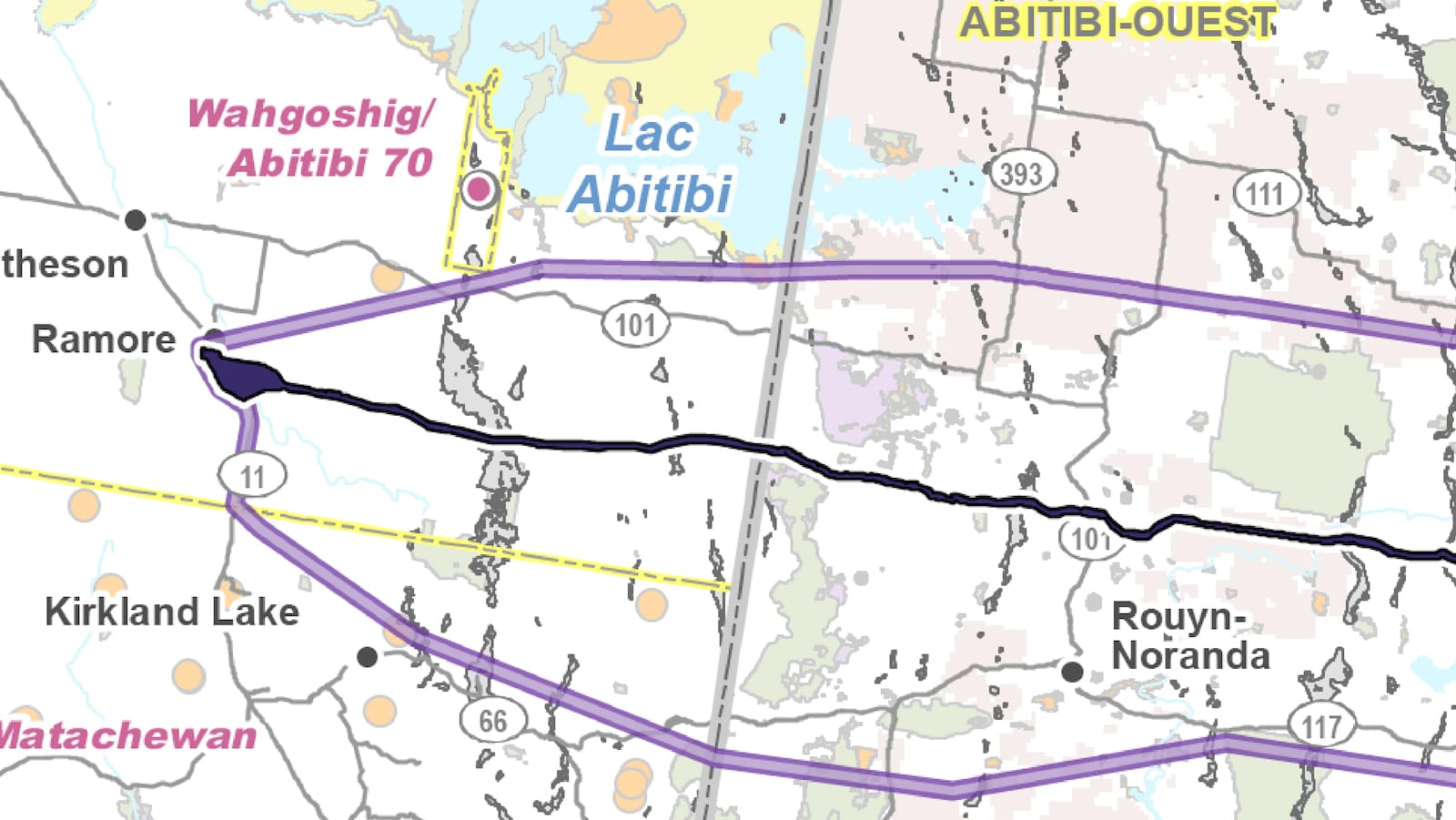 Tracé d'un gazoduc proposé dans le Nord de l'Ontario et l'Abitibi-Témiscamingue.
