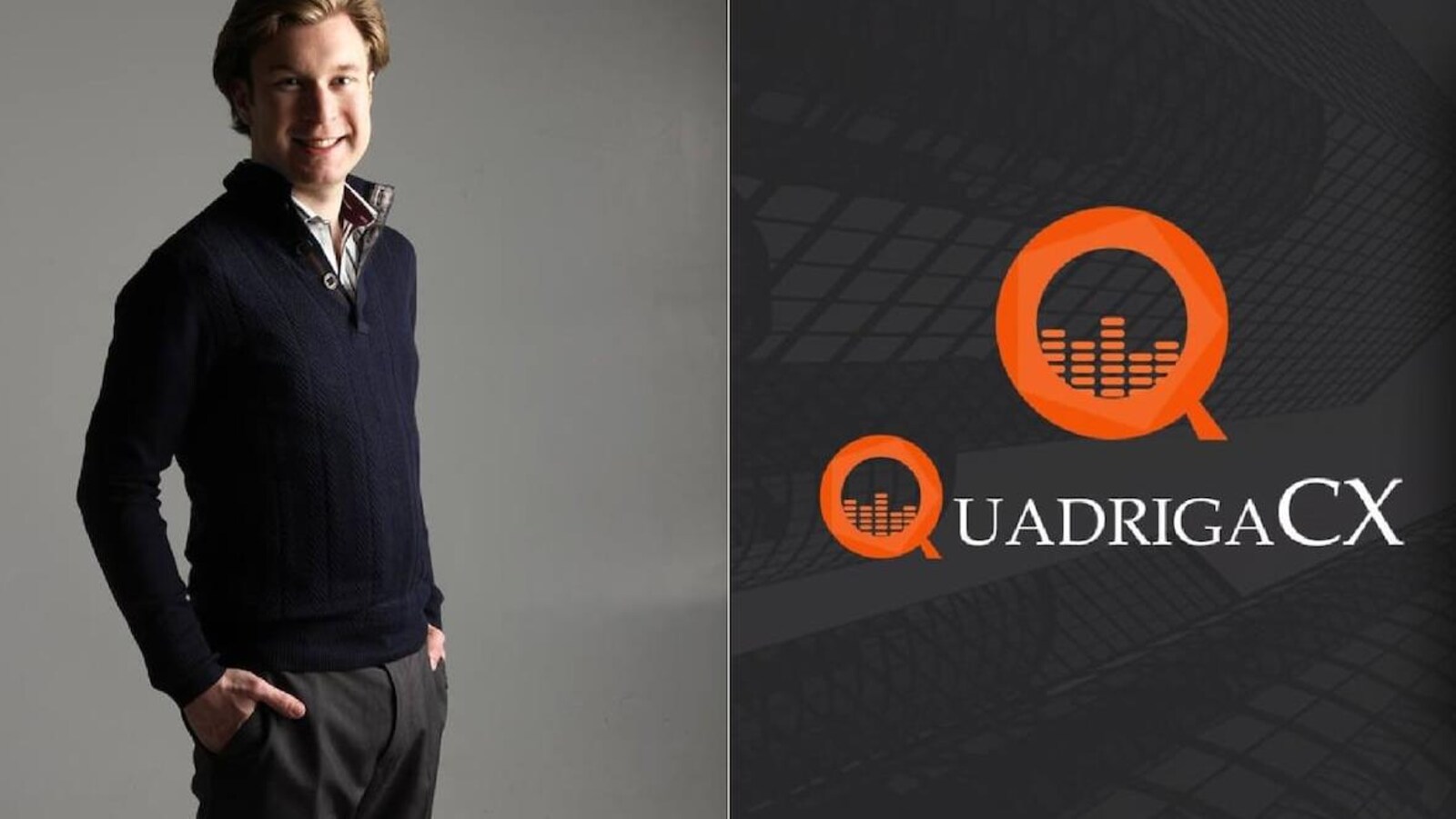 Un homme et le logo de la plateforme QuadrigaCX.