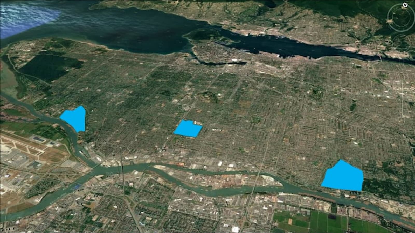 Une carte de la ville où les terrains de golf sont identifiés par des formes géométriques pleines.