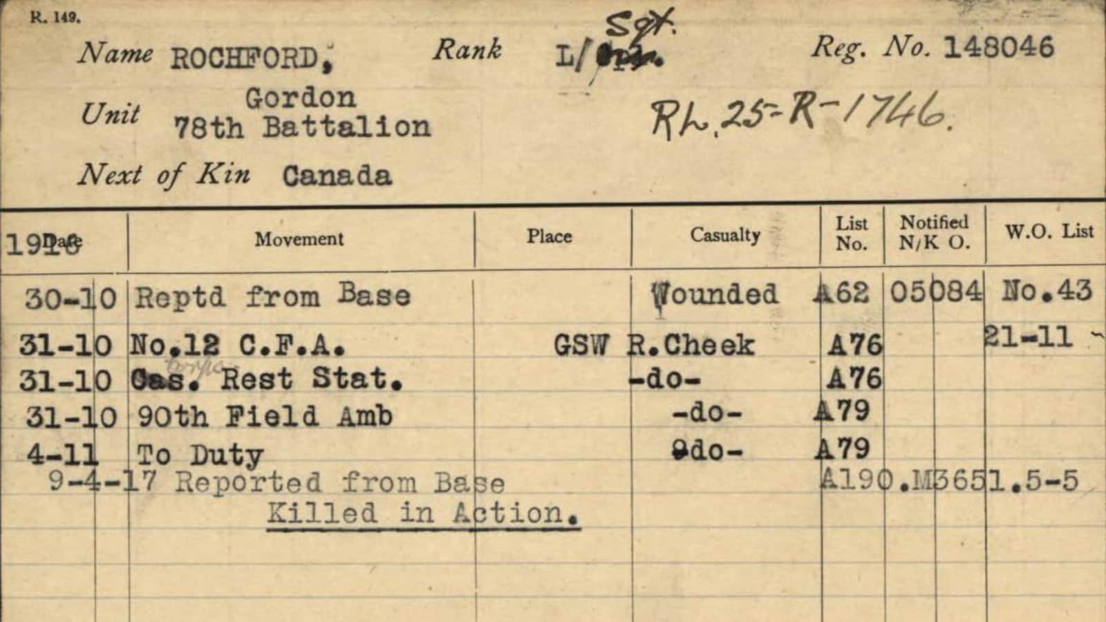Le document qui décrit le parcours de Gordon Rochford.