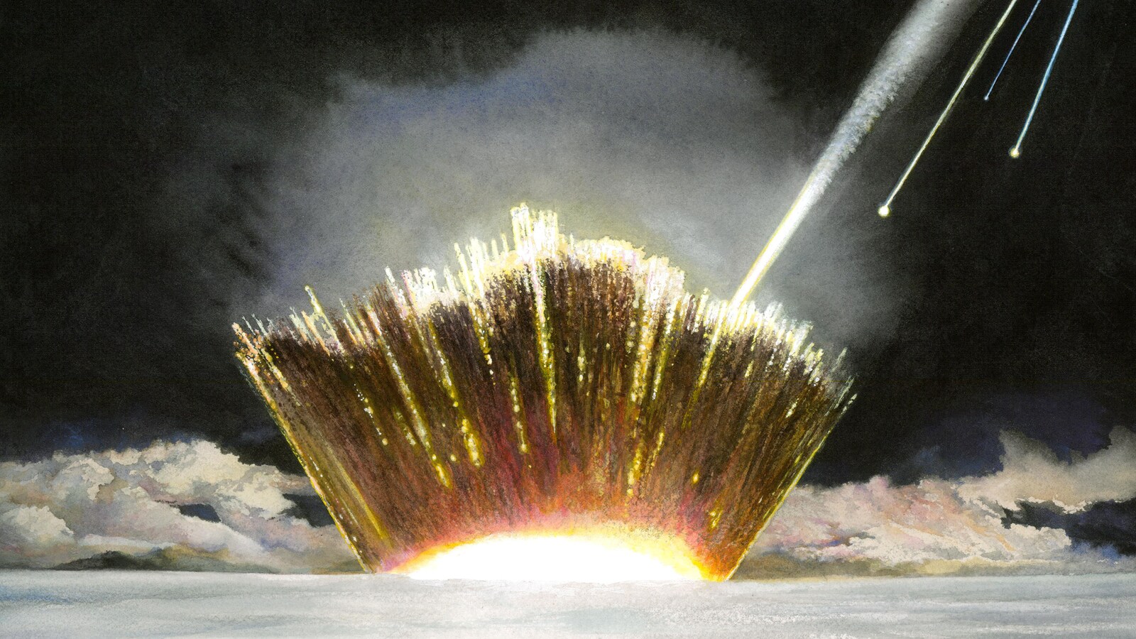 Représentation artistique de l’impact de la météorite dans la couche de glace du Groenland.