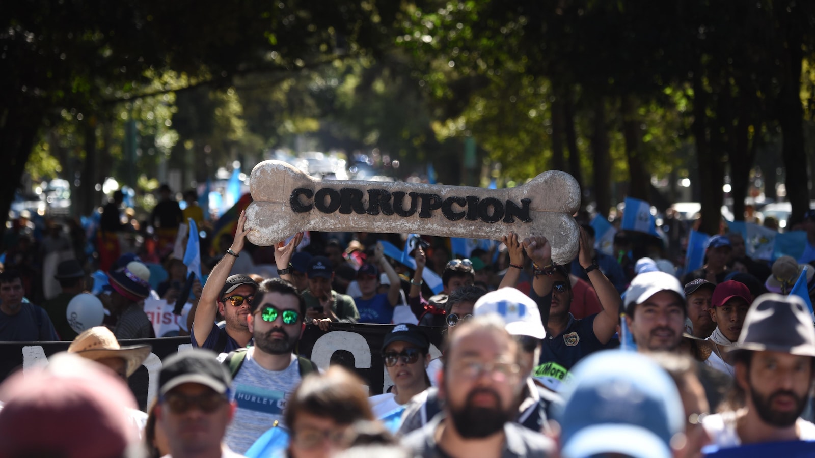 Des manifestants marchent dans une rue bordée d'arbres, certains brandissant une pancarte en forme d'os de chien sur lequel il est écrit en espagnol: «Corruption».