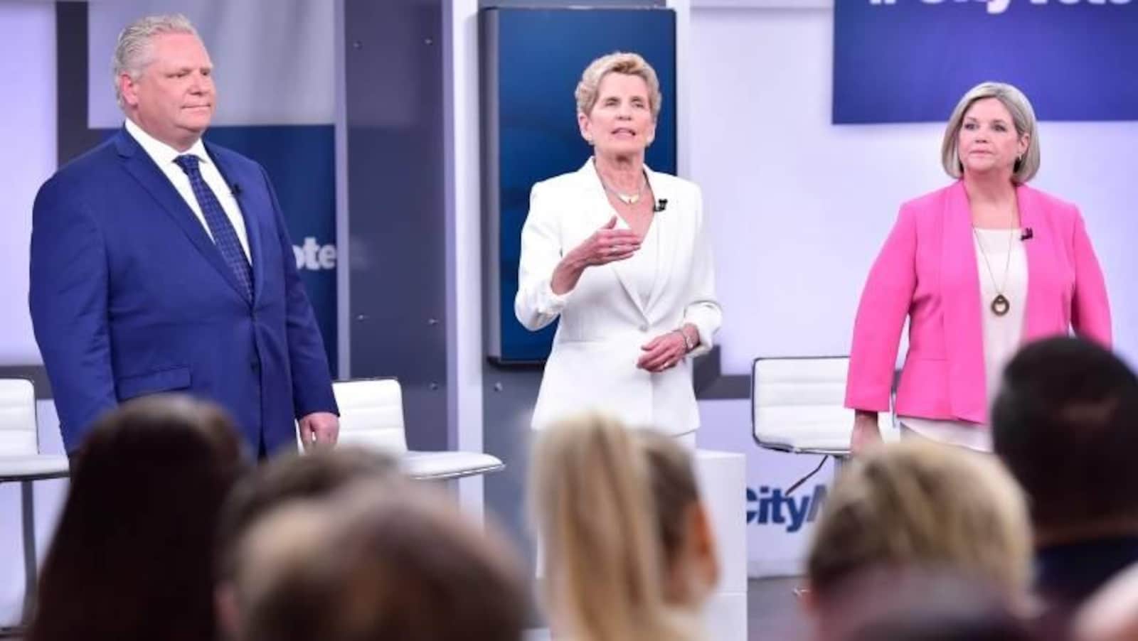 Doug Ford, Kathleen Wynne et Andrea Horwath se sont affrontés lors du premier débat télévisé le 7 mai.