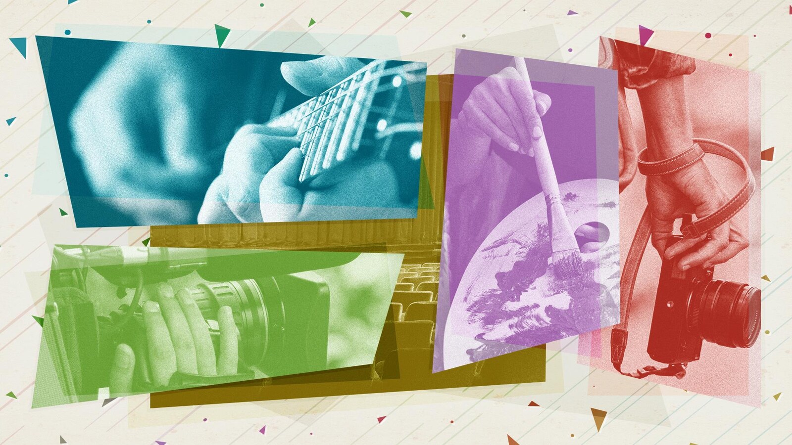 Image qui regroupe un collage de plusieurs illustrations : une guitare, une caméra, un pinceau et un appareil-photo.