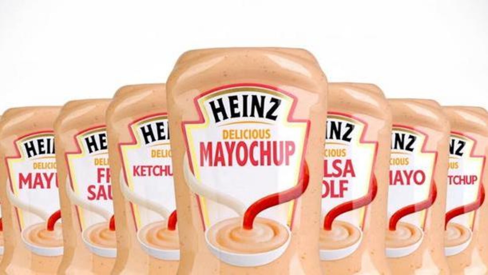 Plusieurs bouteilles de mayochup sont disposées les unes à côté des autres devant un fond blanc.