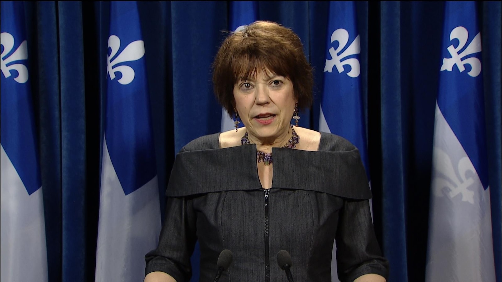 Hélène David, parlant aux journalistes dans la salle de presse, devant des drapeaux fleurdelisés.