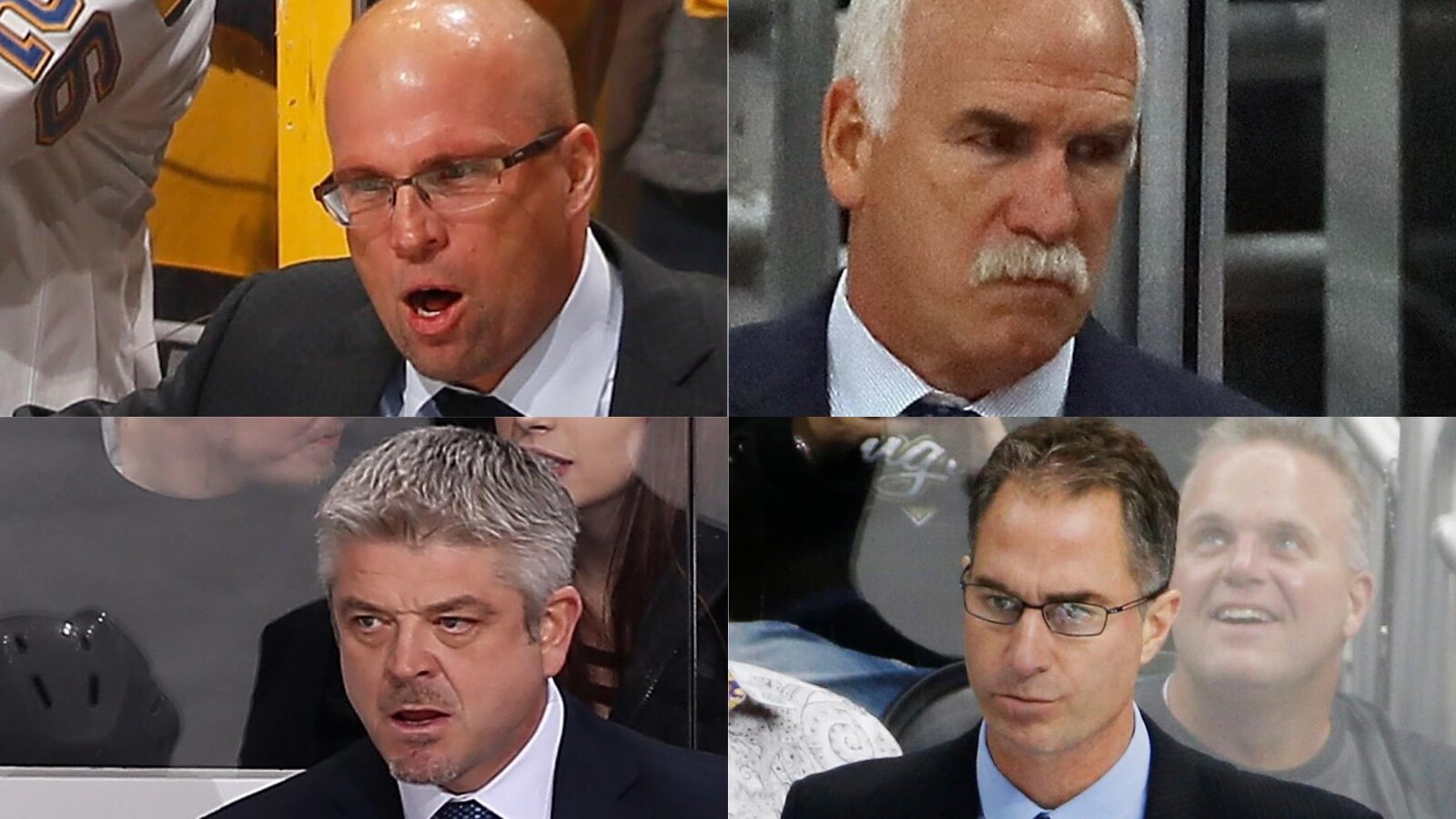 Dans le sens horaire, en partant d'en haut à gauche : Mike Yeo, Joel Quenneville, John Stevens et Todd McLellan, les quatre entraîneurs congédiés jusqu'ici cette saison dans la LNH.