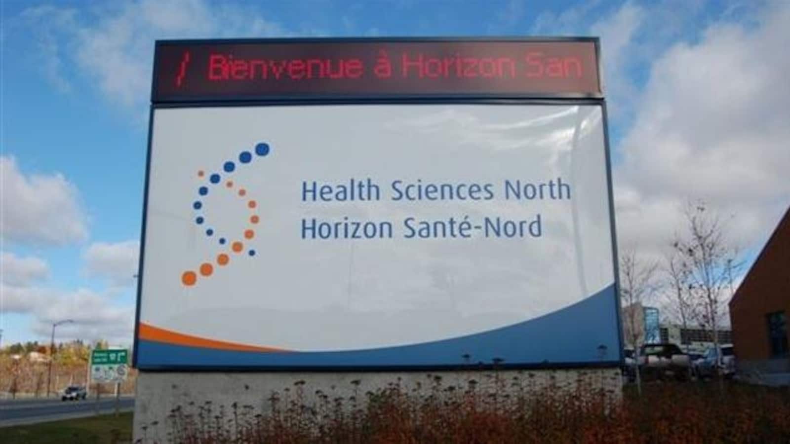 Pancarte extérieure de l’hôpital Horizon Santé-Nord, dans le Grand Sudbury, en Ontario.