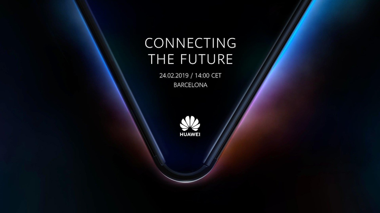 Une photo montrant la silhouette d'un téléphone pliable. Le slogan « Connecter le futur » est inscrit en anglais au centre, accompagné de la date du 24 février 2019.