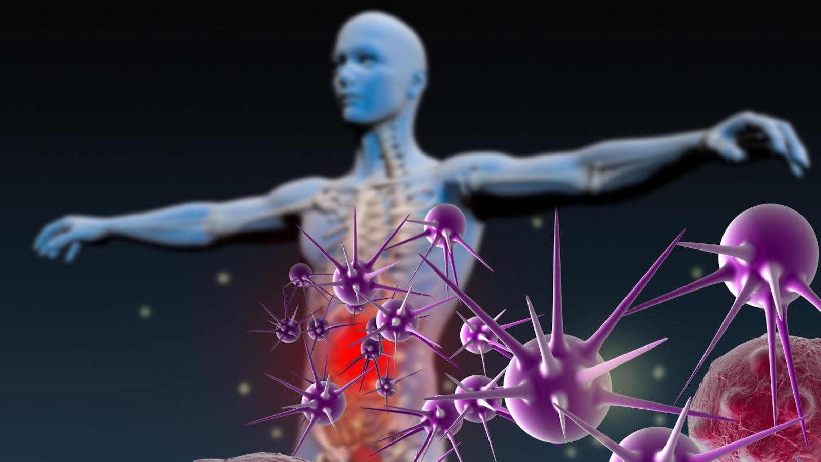 Représentation artistique de virus et bactéries qui attaquent le système immunitaire d'un humain.