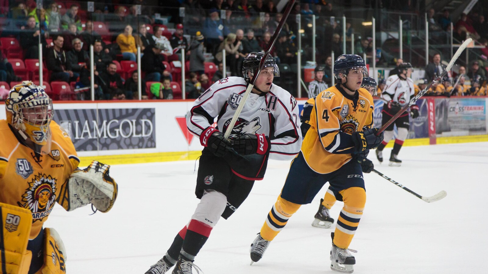 Un joueurs des Huskies de Rouyn-Noranda et un joueur des Cataractes de Shawinigan s'élancent vers la rondelle.