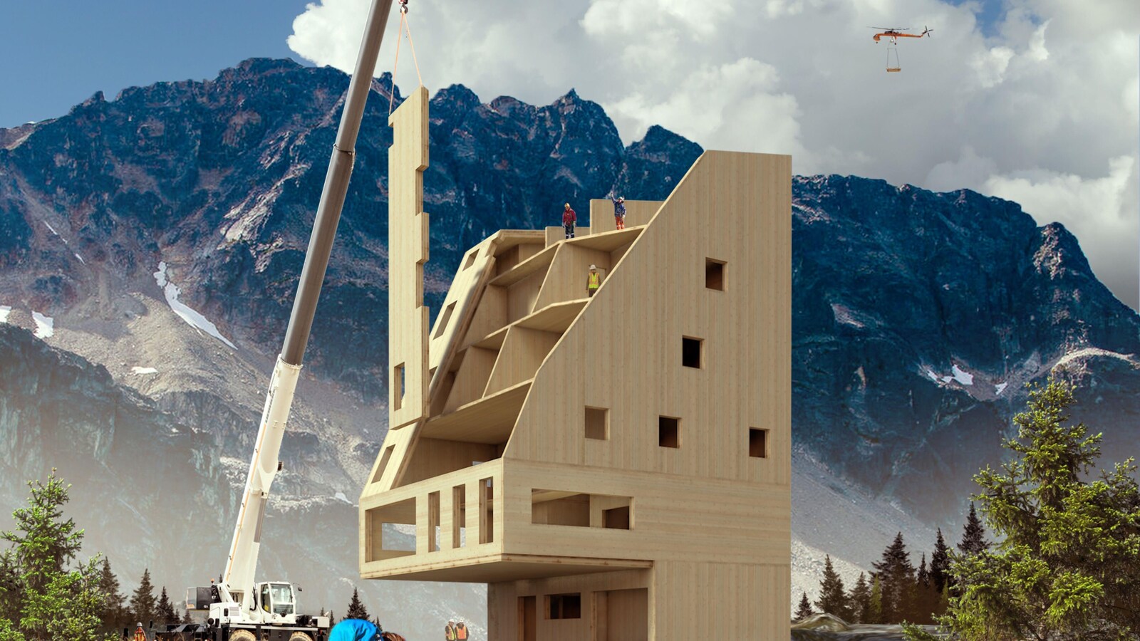 Un dessin illustrant une grue qui assemble les morceaux de la hutte en bois. Une randonneuse au premier plan regarde la construction.