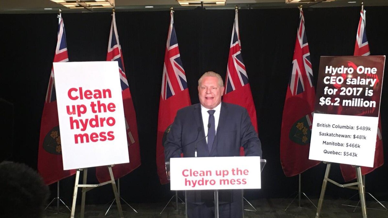 Le chef du parti progressiste-conservateur Doug Ford se tient derrière un podium qui porte un panneau sur lequel est écrit « Clean up the hydro mess » avec des drapeaux de l'Ontaio derrière lui et deux autres pancartes de chaqque côté.