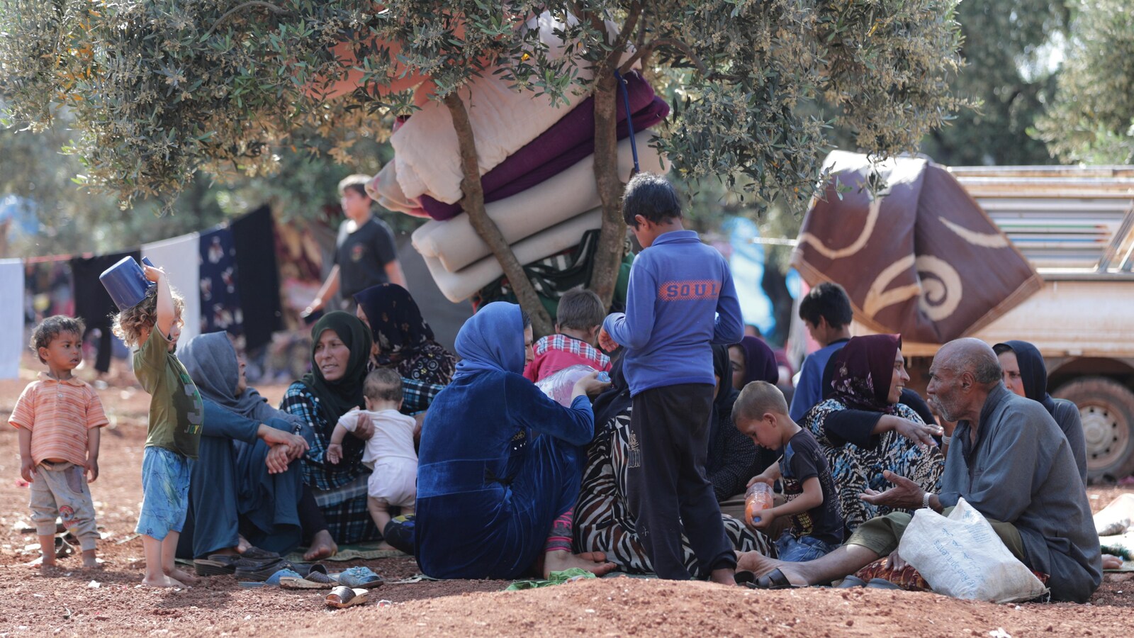 Des Syriens déplacés assis ensemble dans une oliveraie de la ville d'Atmeh, province d'Idlib.