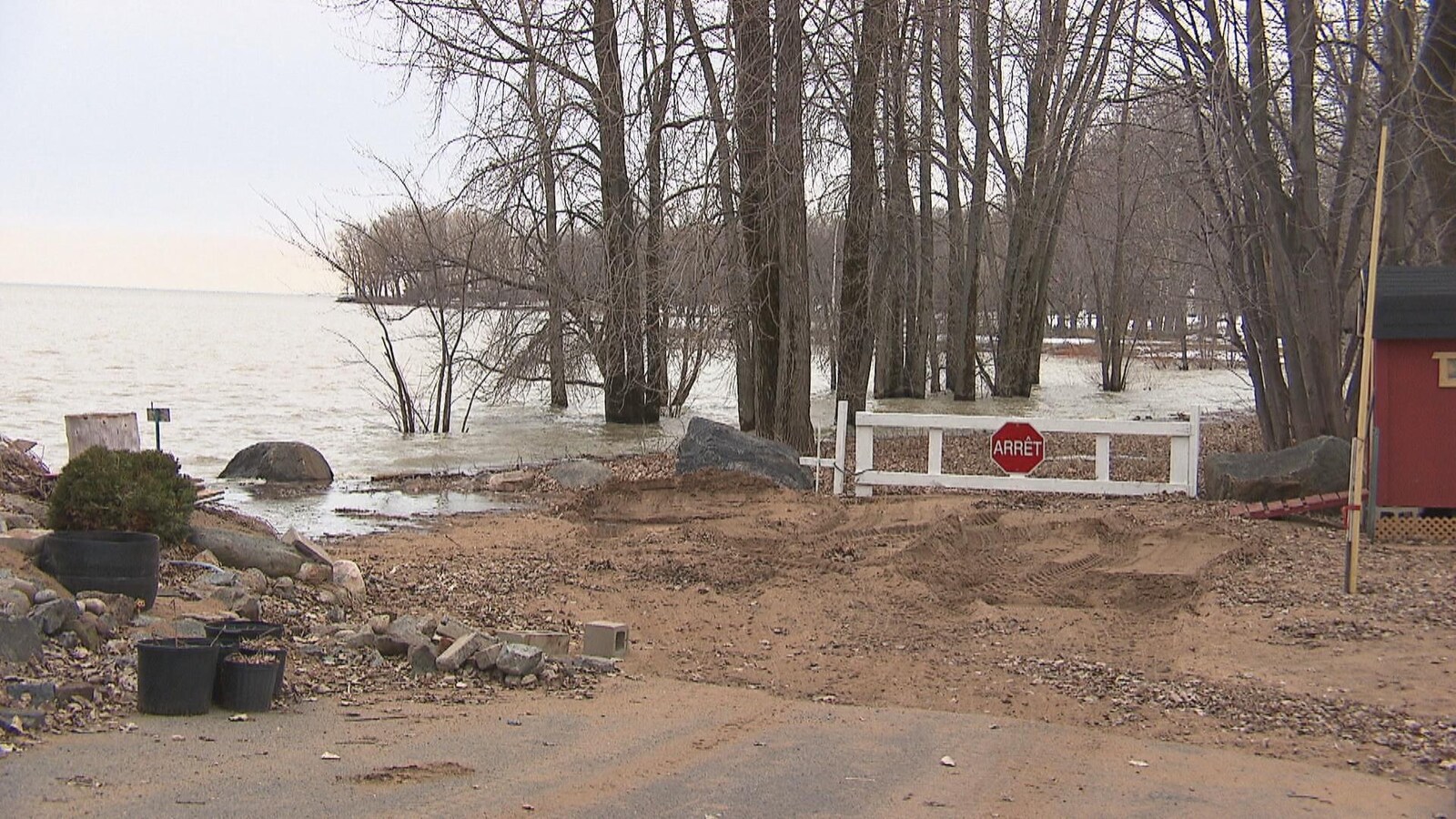 Eau du lac Saint-Pierre dans les arbres, avec un bout de route