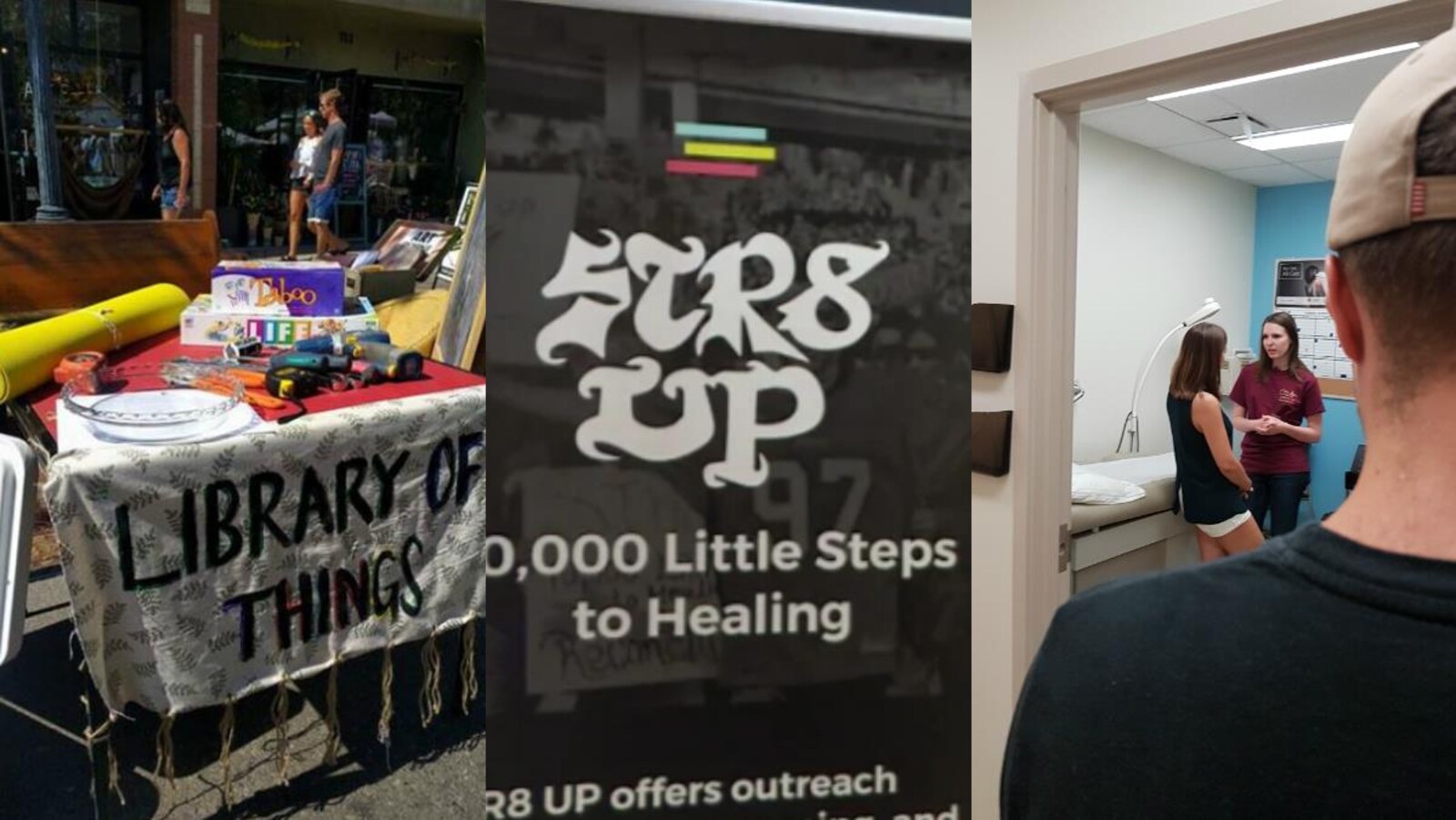 Trois images différentes des organismes de Saskatoon. On y voit une tavble à l'extérieur dans un festival avec des objets à louer de Library of Things, une affiche de STR8 UP ainsi que deux femmes qui parlent dans un cabinet d'une clinique.