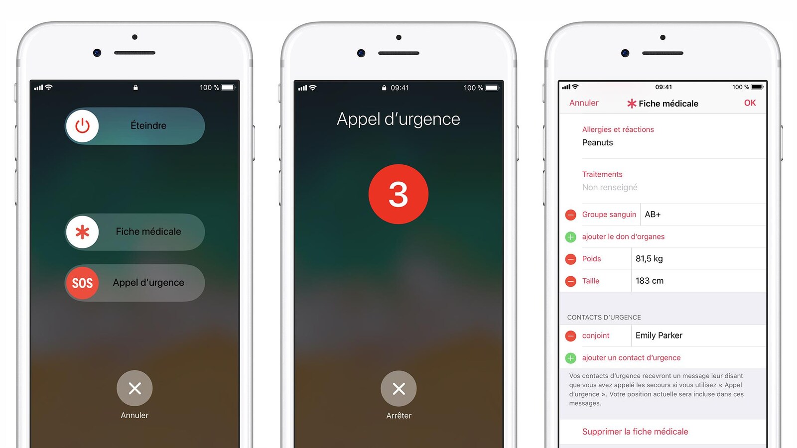 Trois captures d'écran côte à côte montrant des écrans d'iPhone qui affichent respectivement, le curseur d'appel d'urgence, le décompte d'appel d'urgence automatique et la fiche médicale.