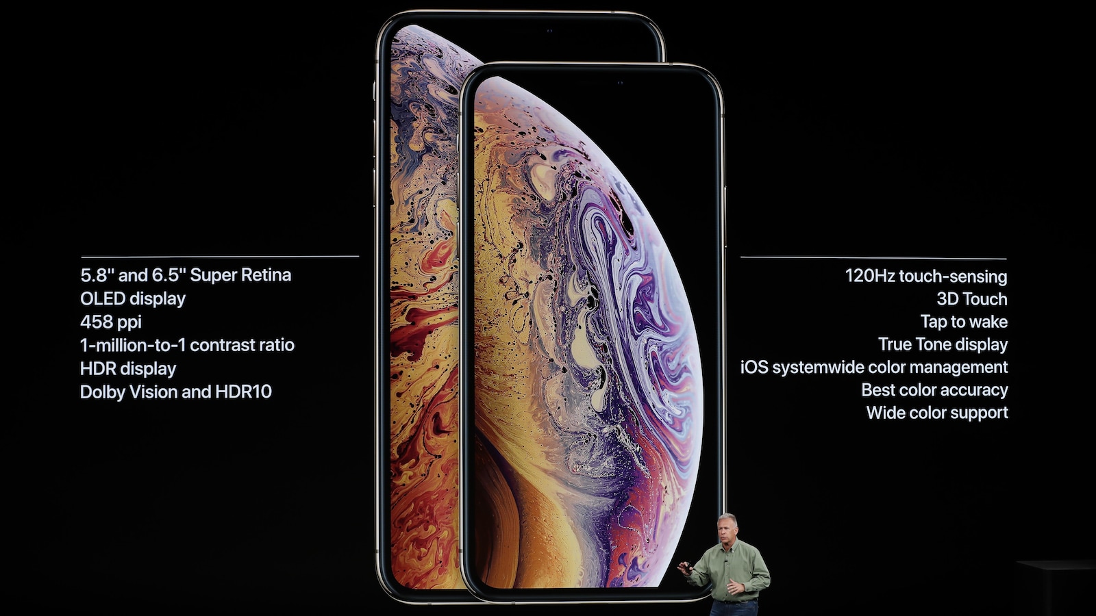 Une photo montrant un iPhone XS et un iPhone XS Max sur un écran géant. Un homme se tient debout devant l'écran.