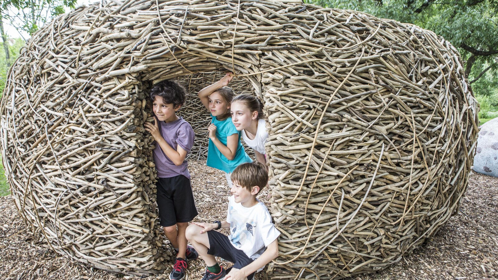 Quatre enfants visitent un abri d'insecte à l'exposition