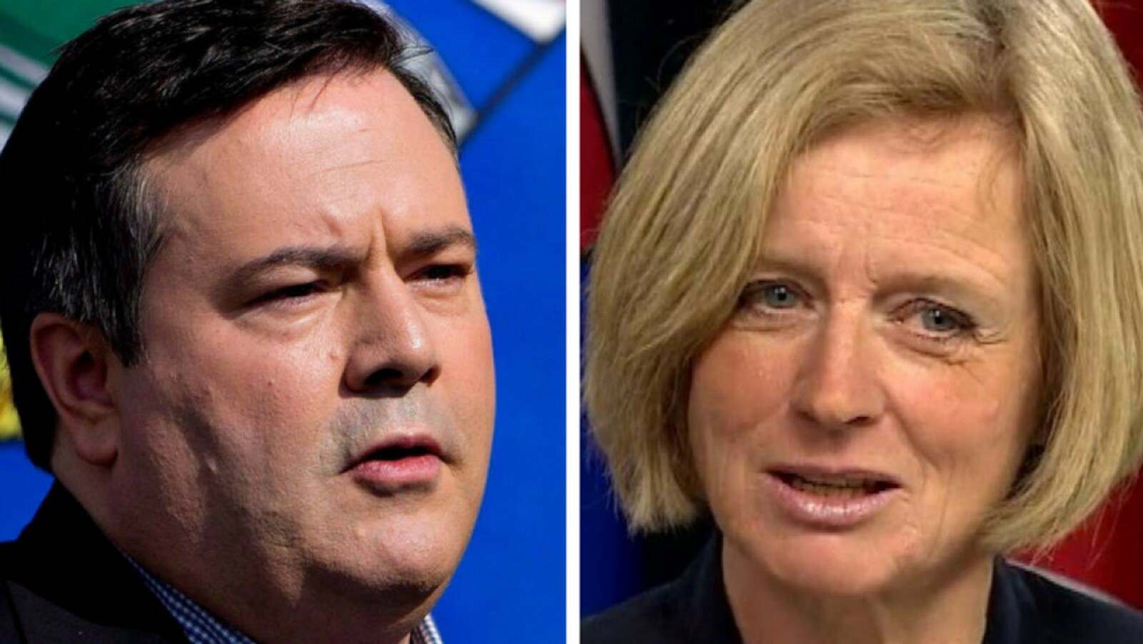 À gauche, le visage de Jason Kenney. À droite, le visage de Rachel Notley