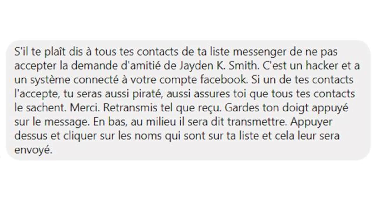 Capture d'écran d'un faux message viral sur Facebook mettant en garde contre un supposé pirate informatique nommé Jayden K. Smith.
