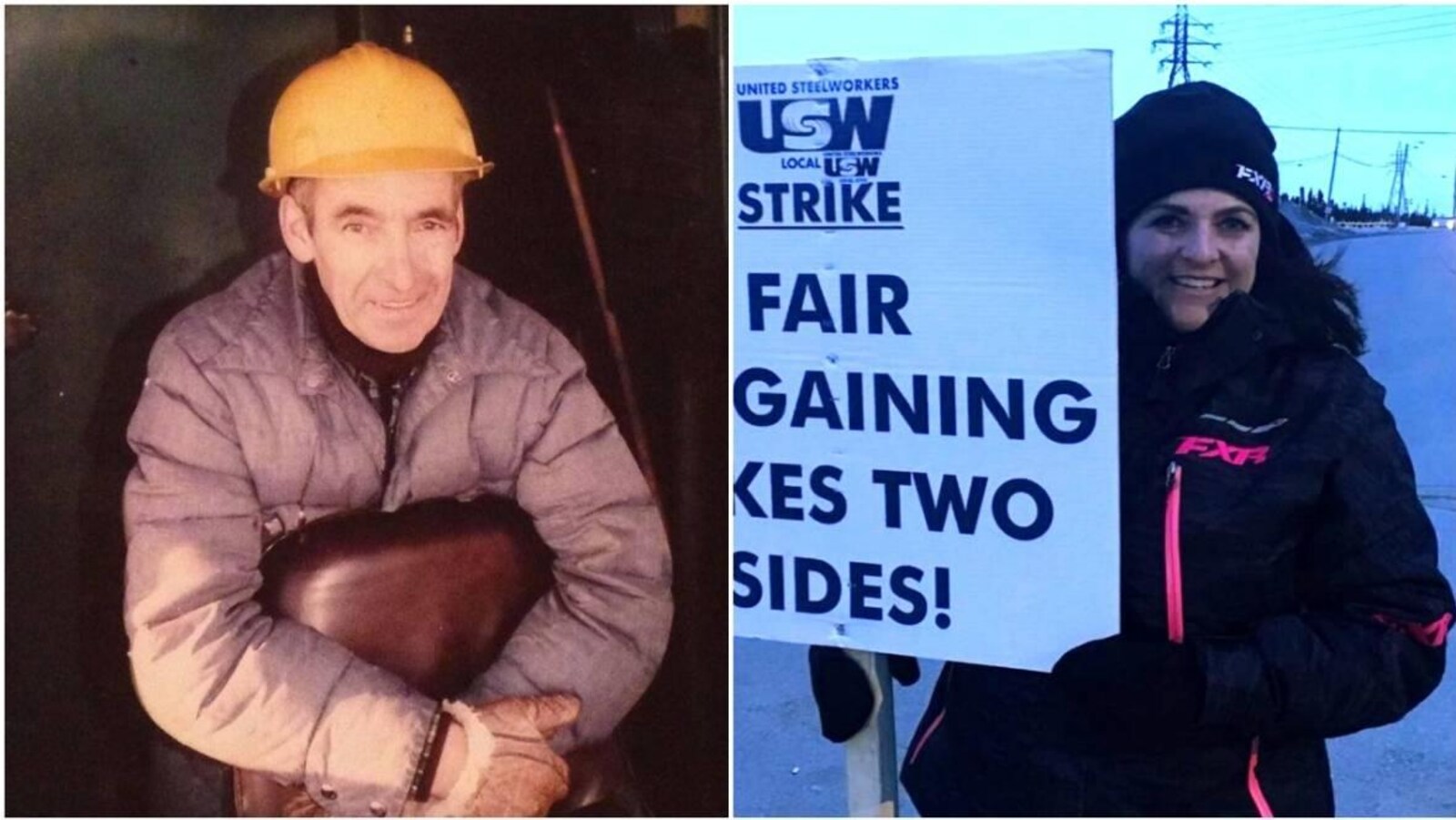 Deux photo : une photo de Jean-Marie Goulet, avec un casque protecteur et une photo de sa fille, Nadine Goulet, avec une pancarte de manifestation.