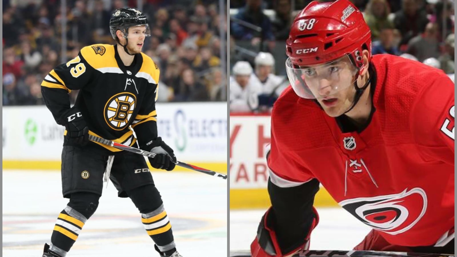 Jérémy Lauzon, dans l'uniforme des Bruins de Boston, à gauche. Nicolas Roy, dans l'uniforme des Hurricanes de la Caroline, à droite.