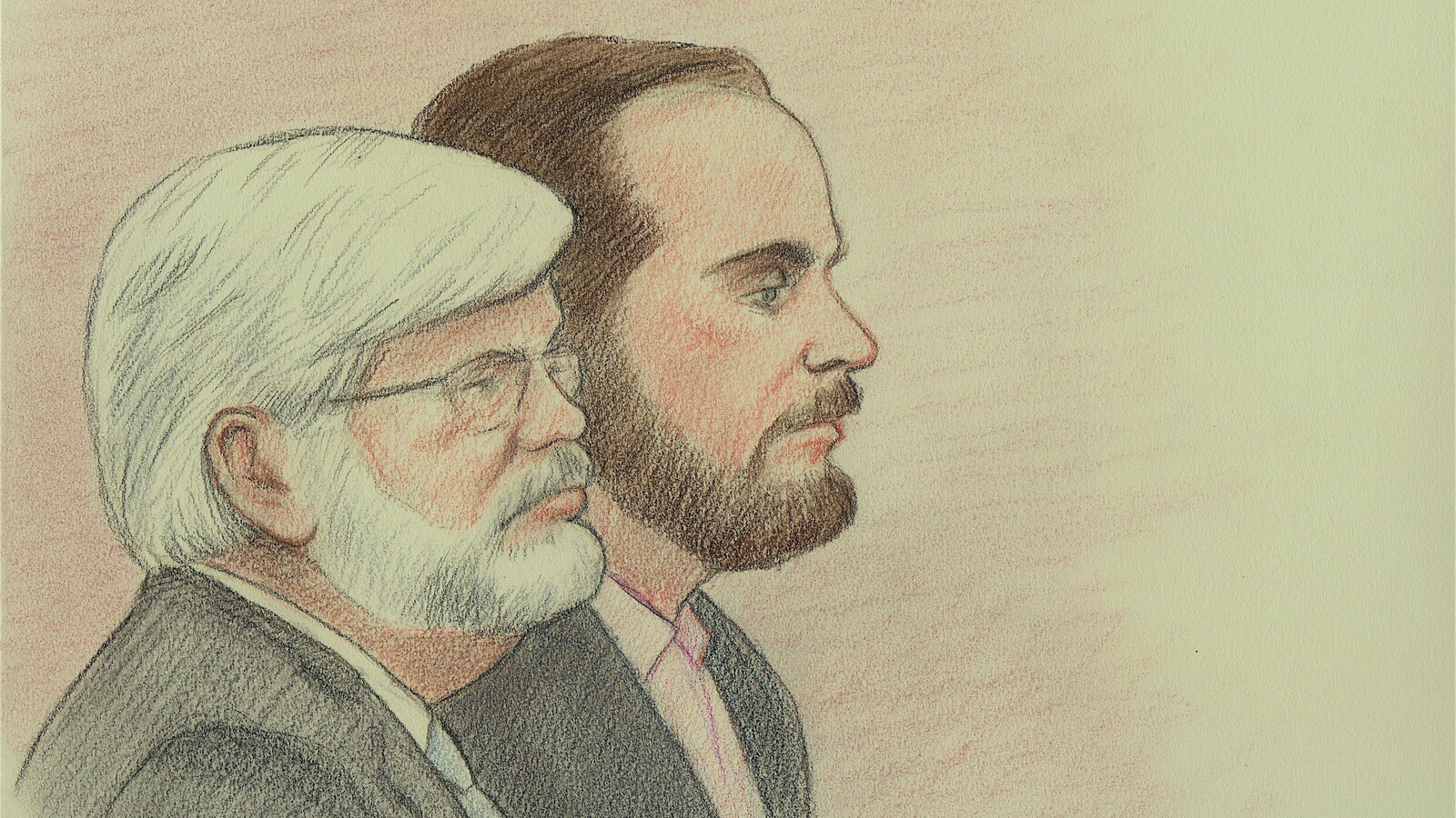Un dessin de cour montre les deux hommes.