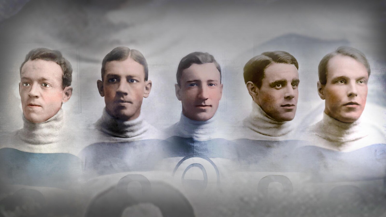 Montage photo en couleur représentant les joueurs des Bulldogs de Québec Jack McDonald, Joe Hall, Tommy Smith, Joe Malone et Paddy Moran.