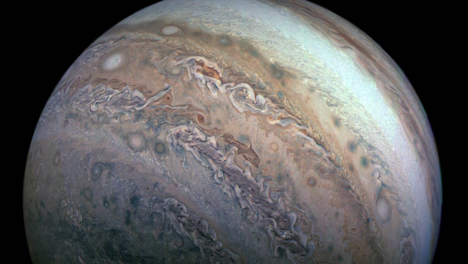 Une image montrant la ceinture tempérée au sud de Jupiter.