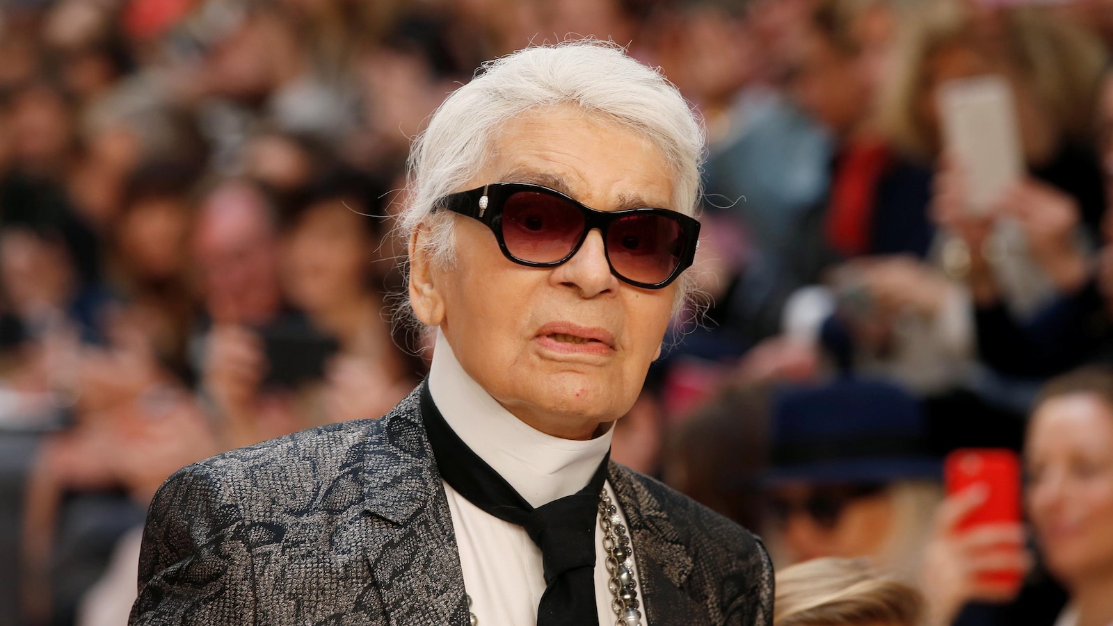 Le couturier allemand Karl Lagerfeld lors du défilé Croisière 2017-2018 pour Chael, à Paris, en mai 2017.