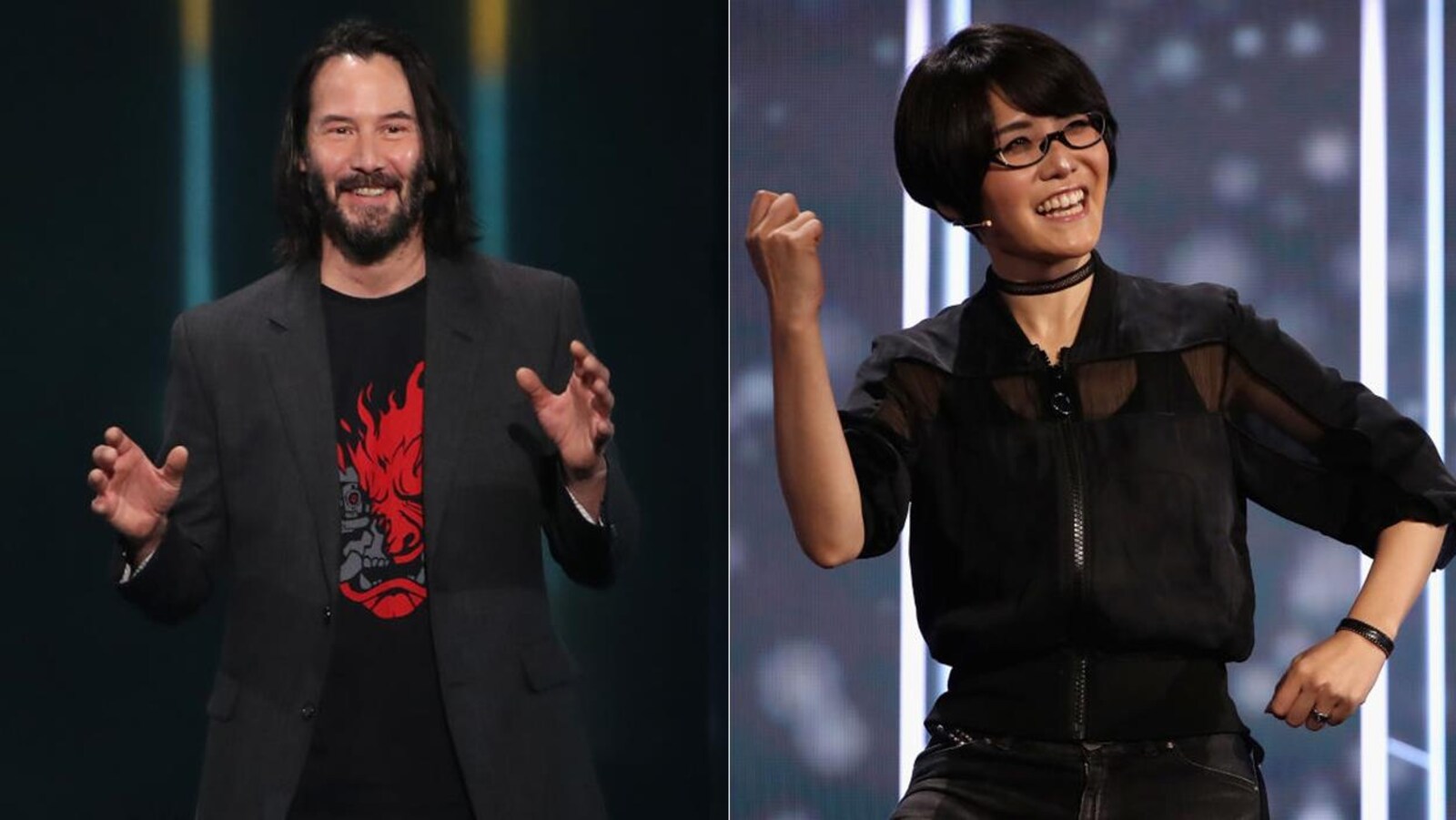 Montage photo réalisé à partir d'une image de Keanu Reeves sur scène et d'une image d'Ikumi Nakamura, sur scène aussi.