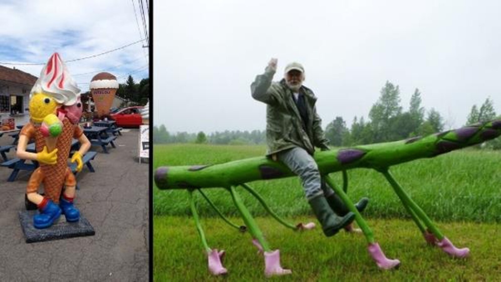 Une statue de cornet de crème glacée géant et un homme chevauchant une asperge géante