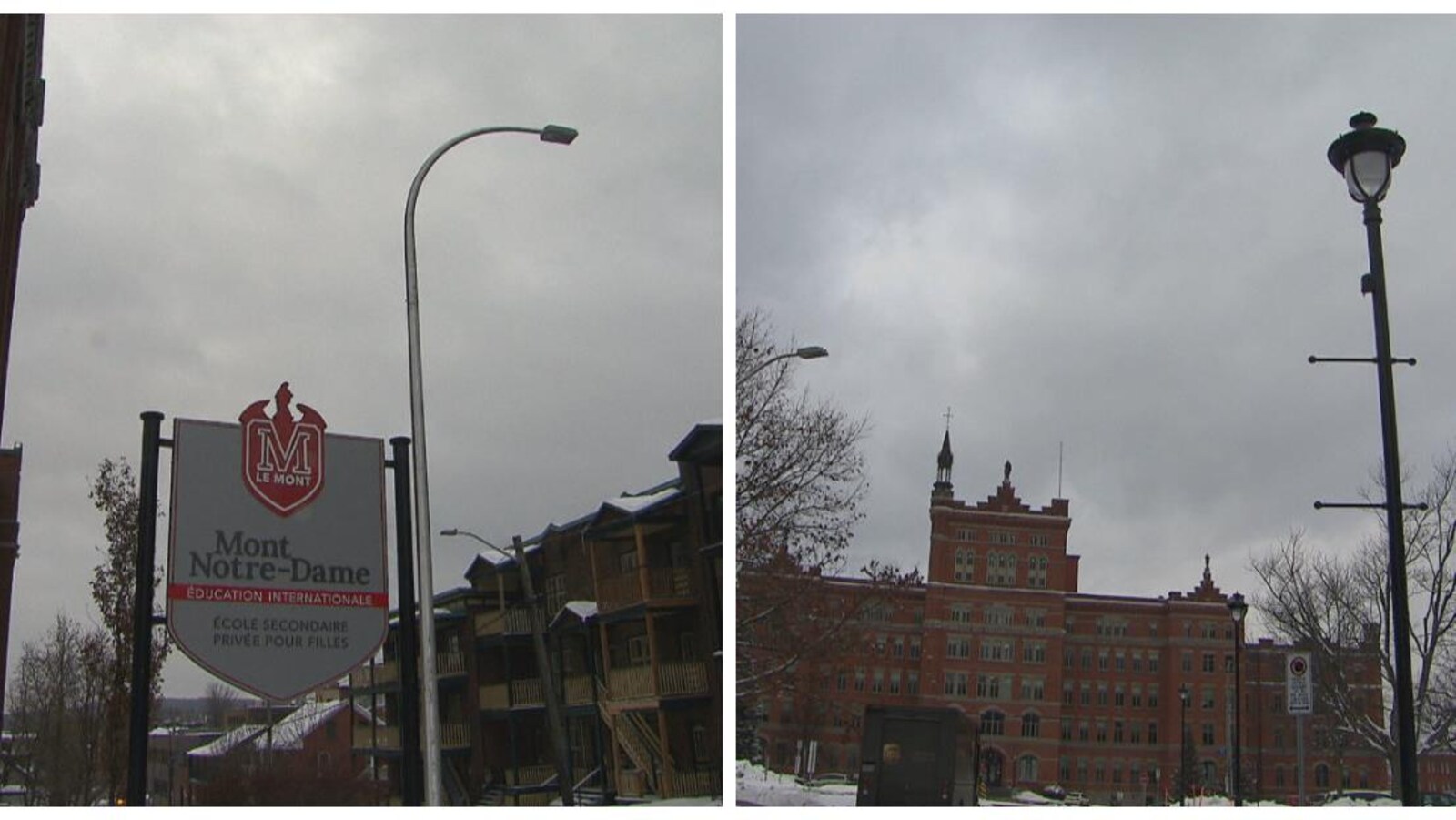 Le lampadaire gris à gauche est celui qui vient d'être installé; celui à droite est le modèle de style lanterne, noir, qui aurait dû être installé.