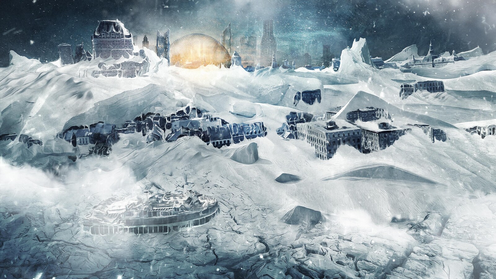 Le Grand Froid, une expérience de réalité virtuelle unique. On y aperçoit la ville sous une chape de glace.