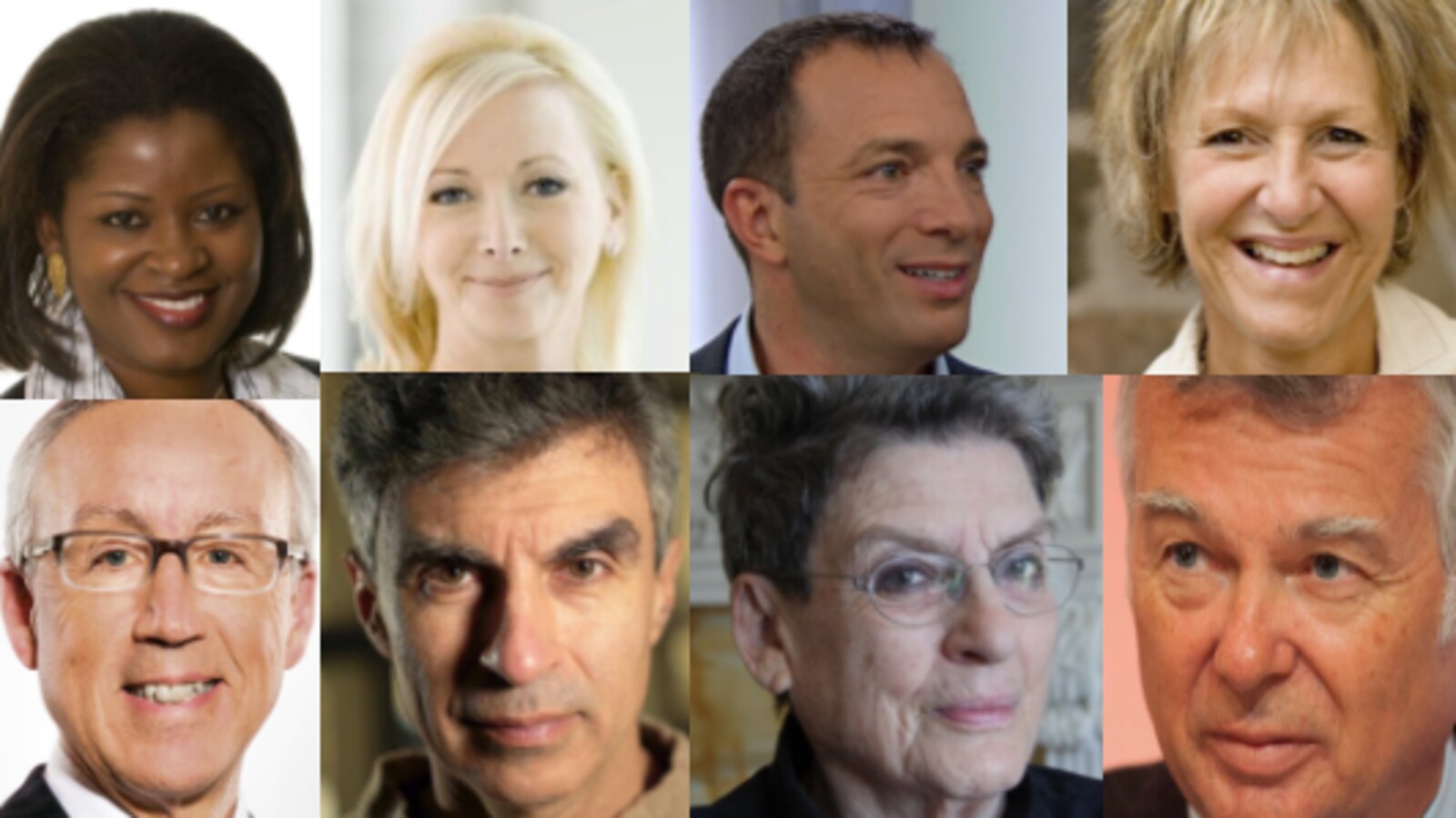 Ligne du haut, de gauche à droite : Amina Gerba, Christiane Germain, Mitch Garber et Lorraine Pintal. Ligne du bas, de gauche à droite : Yvon Charest, Yoshua Bengio, Phyllis Lambert et Charles Sirois.