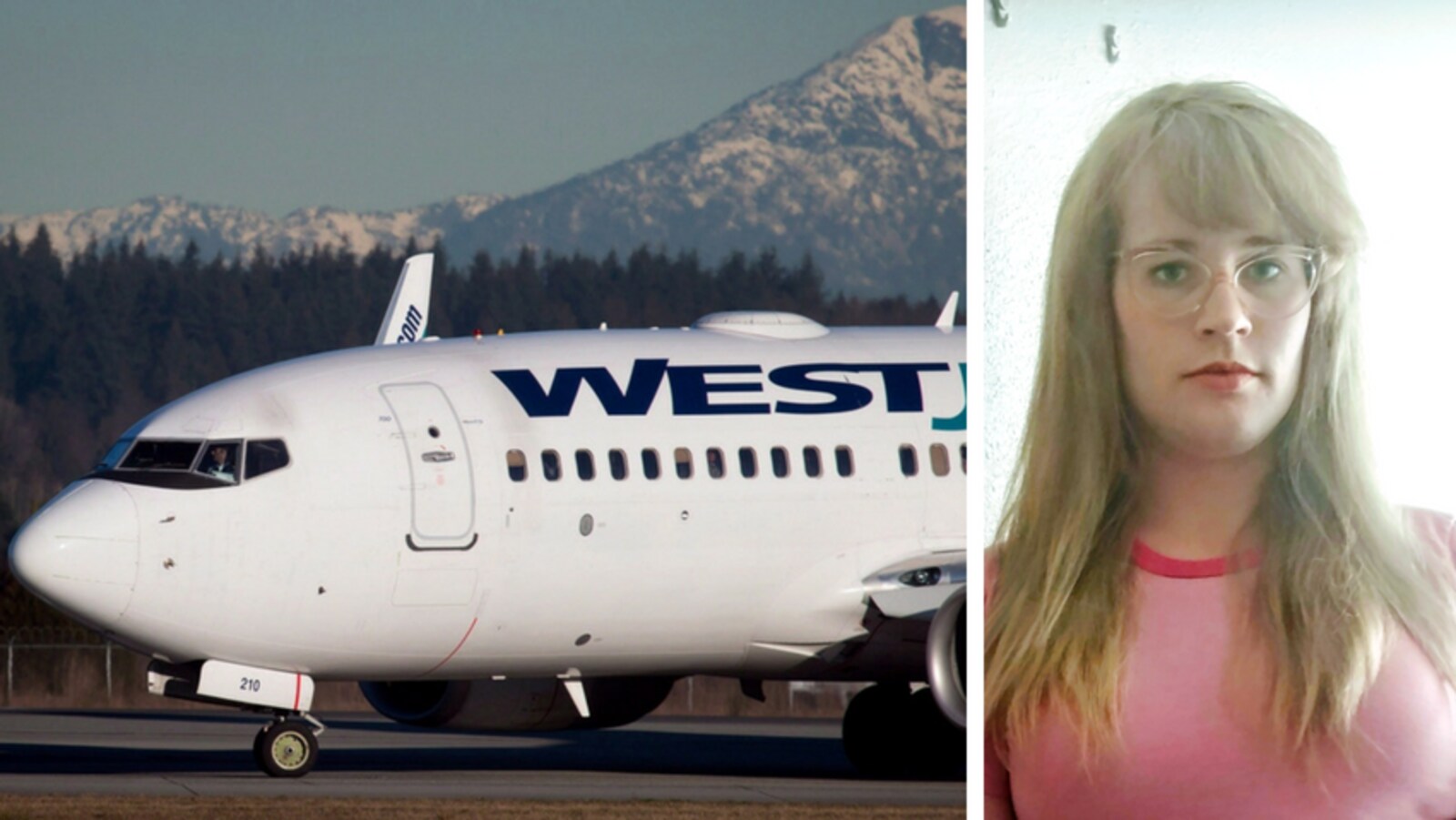 À gauche, on voit un avion sur le tarmac devant une forêt et des montagnes. À droite, la photo d'une femme portant des lunettes.