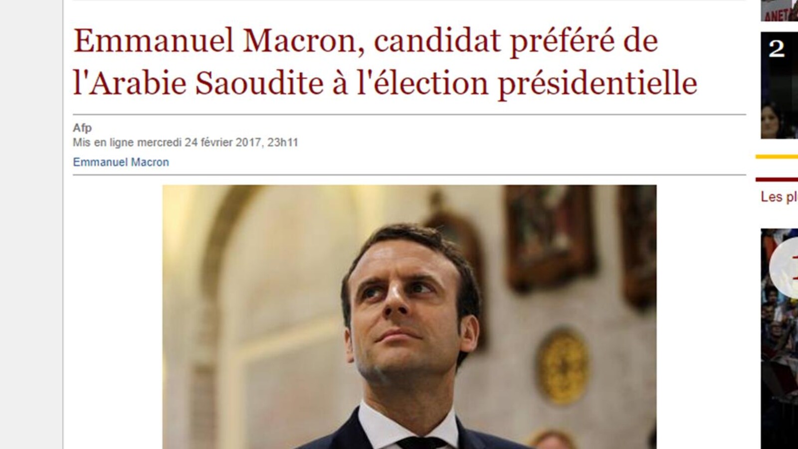 Nous voyons une photo d'Emmanuel Macron, ainsi que le titre, « Emmanuel Macron, candidat préféré de l'Arabie saoudite à l'élection présidentielle ».
