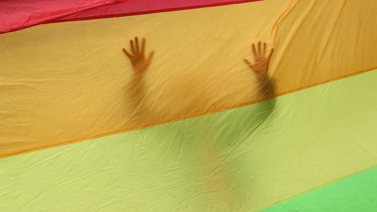 Une silhouette se dessine dans un immense drapeau arc-en-ciel