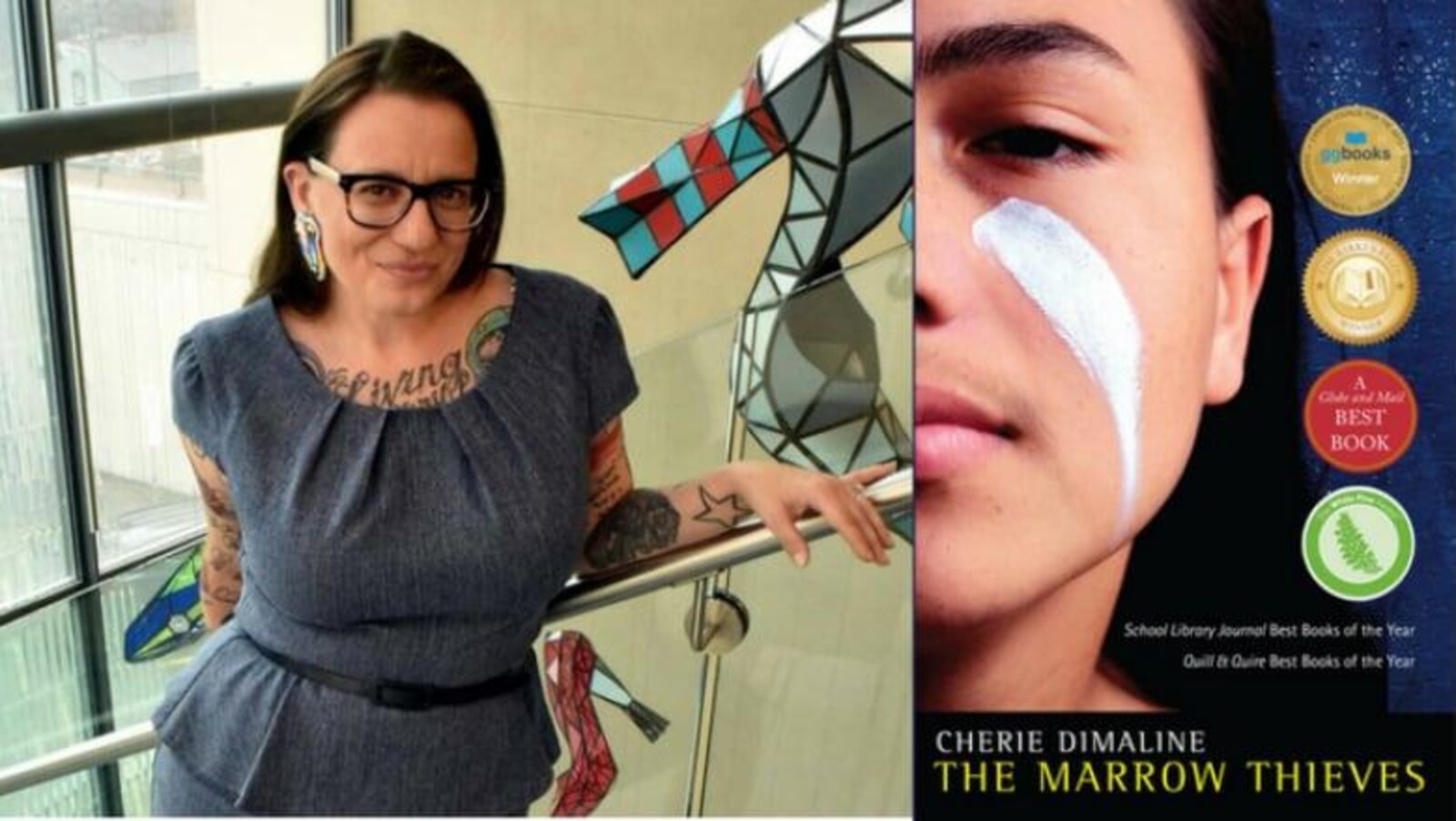 L'auteure Cherie Dimaline et la couverture de son livre The Marrow Thieves.