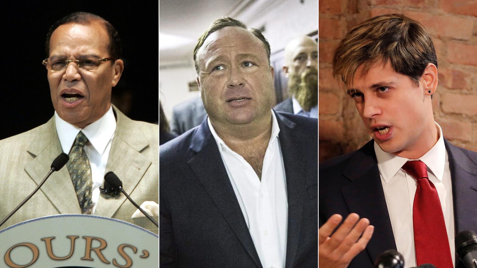 Un montage de trois photos représentant, dans l'ordre, Louis Farrakhan, Alex Jones et Milo Yiannopoulos.