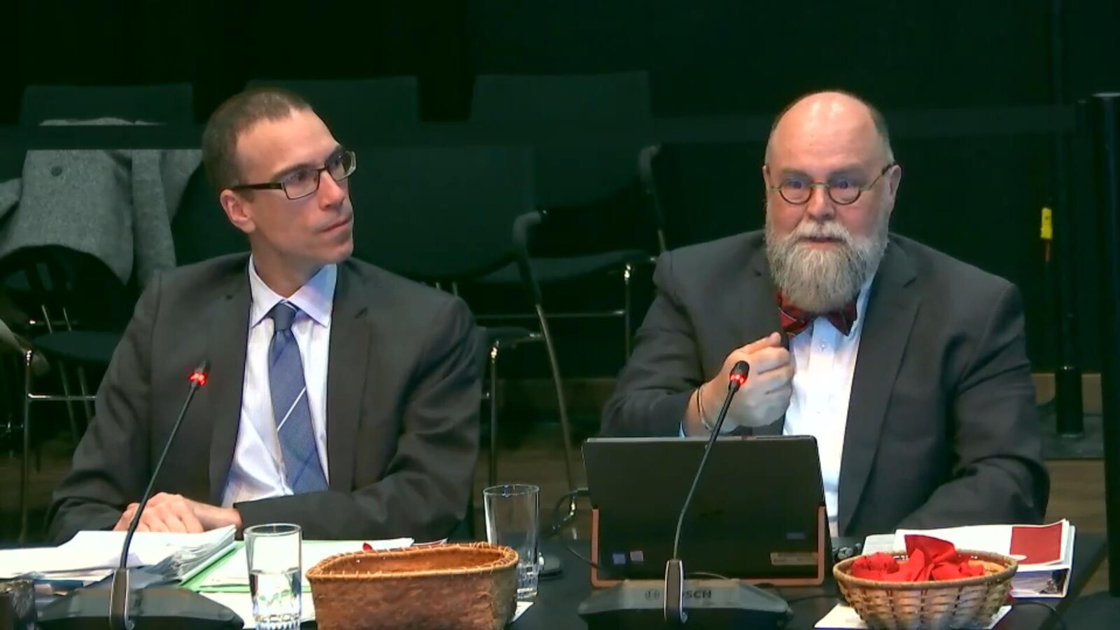 Deux hommes témoignent lors d'une commission d'enquête.