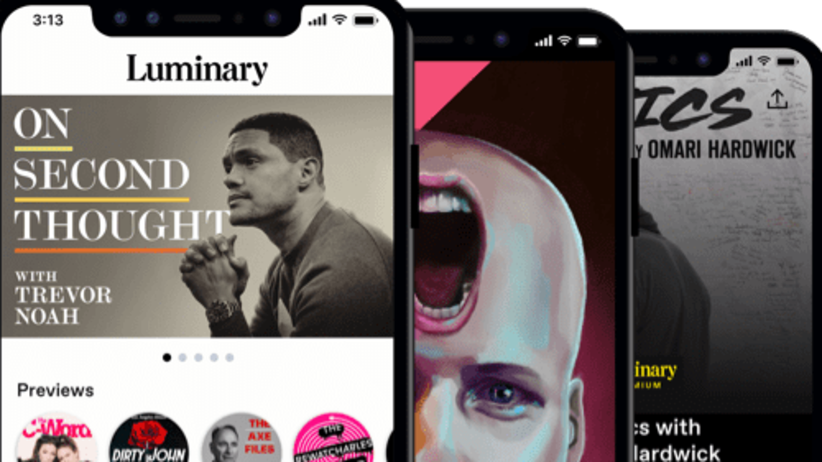 Trois cellulaires superposés qui affichent des balados diffusés par Luminary.